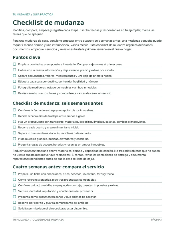 Primera página del cuaderno de mudanza